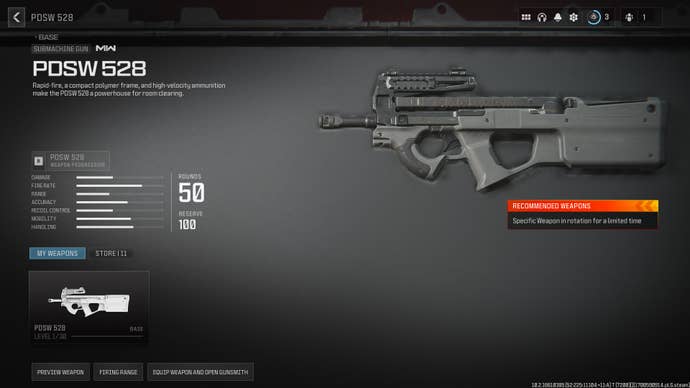 Screenshot of the PDSW 528 stats in Modern Warfare 3