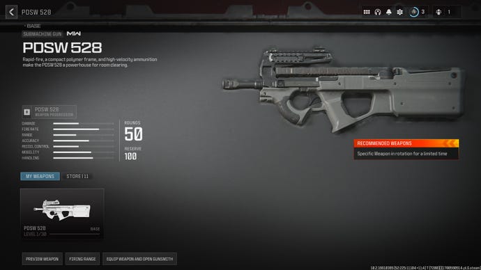 Screenshot of the PDSW 528 stats in Modern Warfare 3