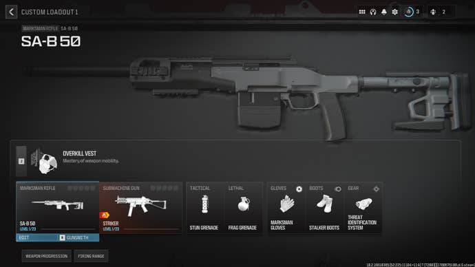 Screenshot of a SA-B 50 loadout in Modern Warfare 3