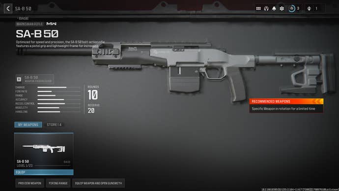 Screenshot of the SA-B 50 stats in Modern Warfare 3