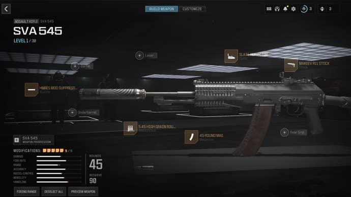 Screenshot of a SVA 545 attachment loadout in Modern Warfare 3