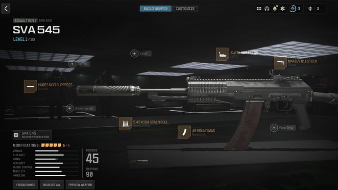 Screenshot of a SVA 545 attachment loadout in Modern Warfare 3