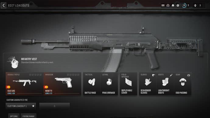 Screenshot of a SVA 545 equipment loadout in Modern Warfare 3