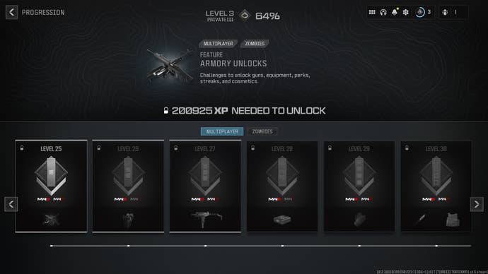 Screenshot of the Modern Warfare 3 level-up screen, featuring armory unlocks