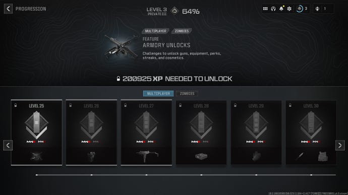 Screenshot of the Modern Warfare 3 level-up screen, featuring armory unlocks