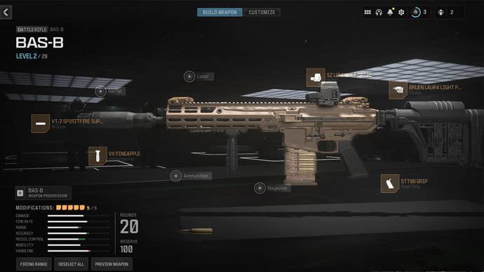 Screenshot of a BAS-B attachment loadout in Modern Warfare 3