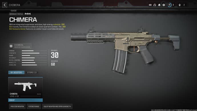Screenshot of the Chimera starting stats in Modern Warfare 3
