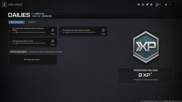 Image of the daily challenges screen in Modern Warfare 3