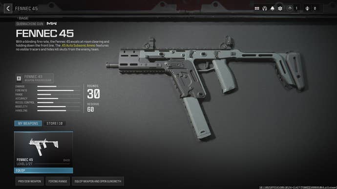 In-game MW3 screenshot of the Fennec 45 item description