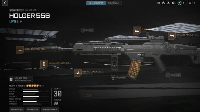 Screenshot of a Holger 556 loadout in Modern Warfare 3, with attachments