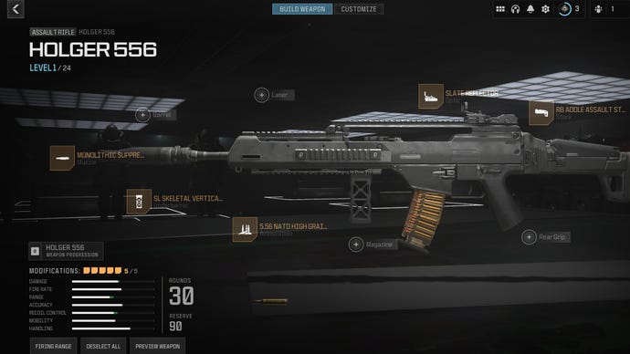 Screenshot of a Holger 556 loadout in Modern Warfare 3, with attachments
