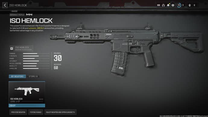 Screenshot of the ISO Hemlock stats in Modern Warfare 3