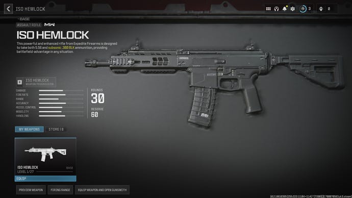 Screenshot of the ISO Hemlock stats in Modern Warfare 3