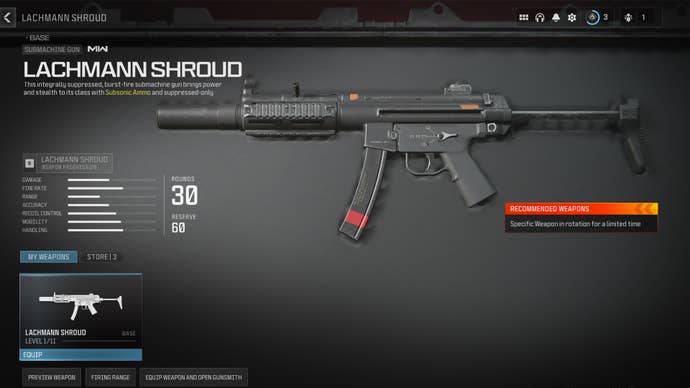 Modern Warfare 3 screenshot of the Lachmann Shroud starting stats