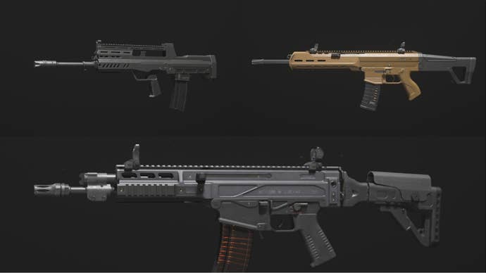 modern warfare 3, the mcw and dg58 assault rifles are in the top two rectangles of this image and the mtz 556 assault rifle is in the large rectangle at the bottom.