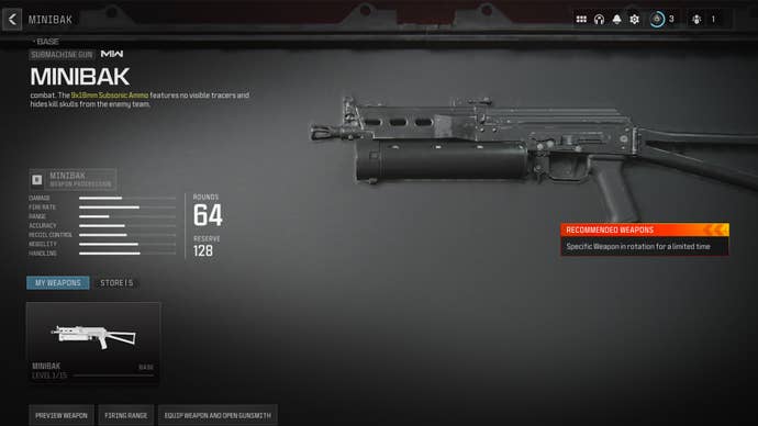 Screenshot of the Minibak starting stats in Modern Warfare 3