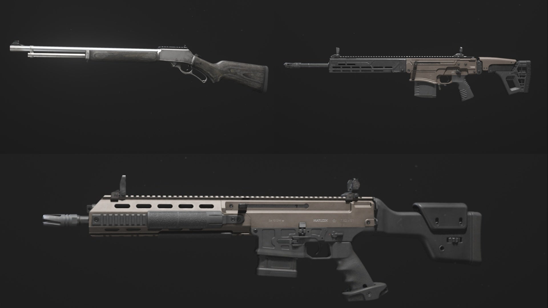 modern warfare 3 kvd enforcer, lockwood mk2 in top two rectangles and  mtz interceptor in long bottom rectangle - all are marksman rifle base models