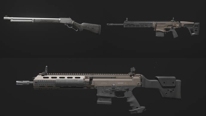 modern warfare 3 kvd enforcer, lockwood mk2 in top two rectangles and mtz interceptor in long bottom rectangle - all are marksman rifle base models