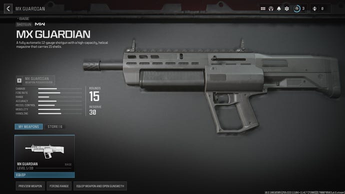 Screenshot of the MX Guardian starting stats Modern Warfare 3