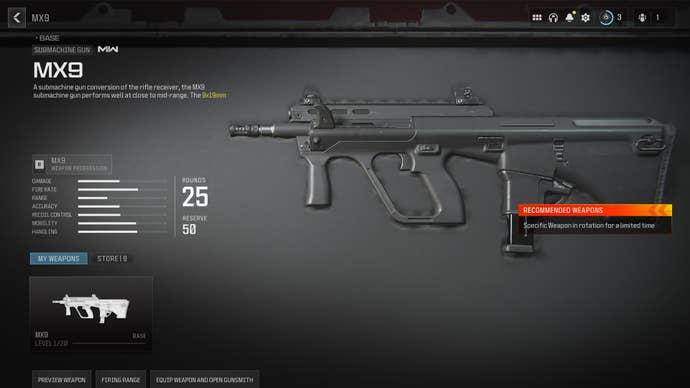 Screenshot of the MX9 stats in Modern Warfare 3