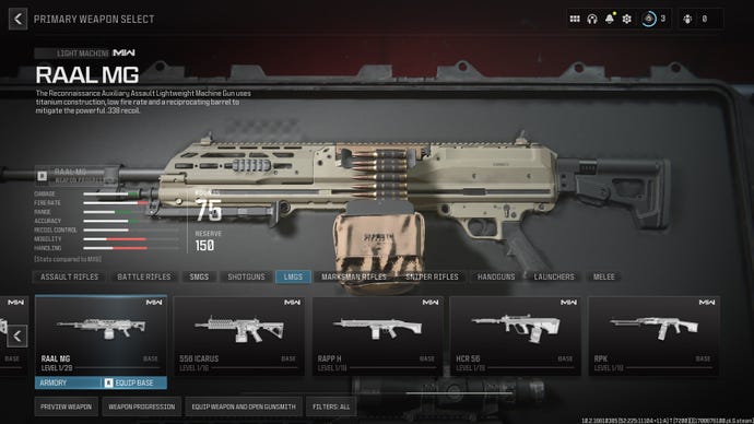 Screenshot of the Raal MG stats in Modern Warfare 3