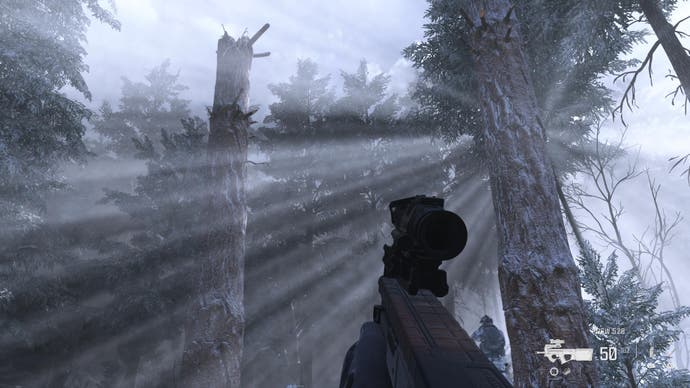 modern warfare 3 screenshot of dozens of god rays shining through a snowy pine tree forest