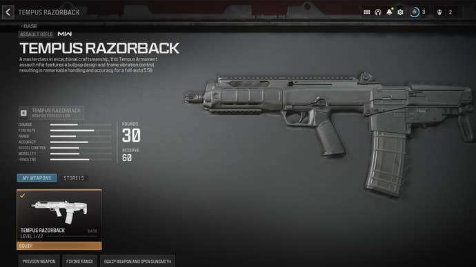Screenshot of the Tempus Razorback starting stats in Modern Warfare 3