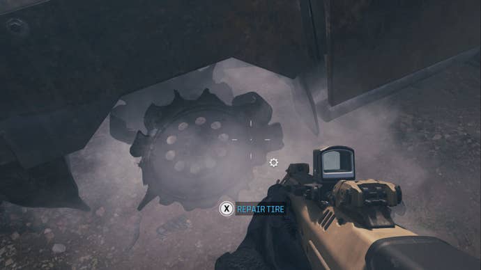 modern warfare 3 zombies gun aiming at broken tire with repair tire prompt