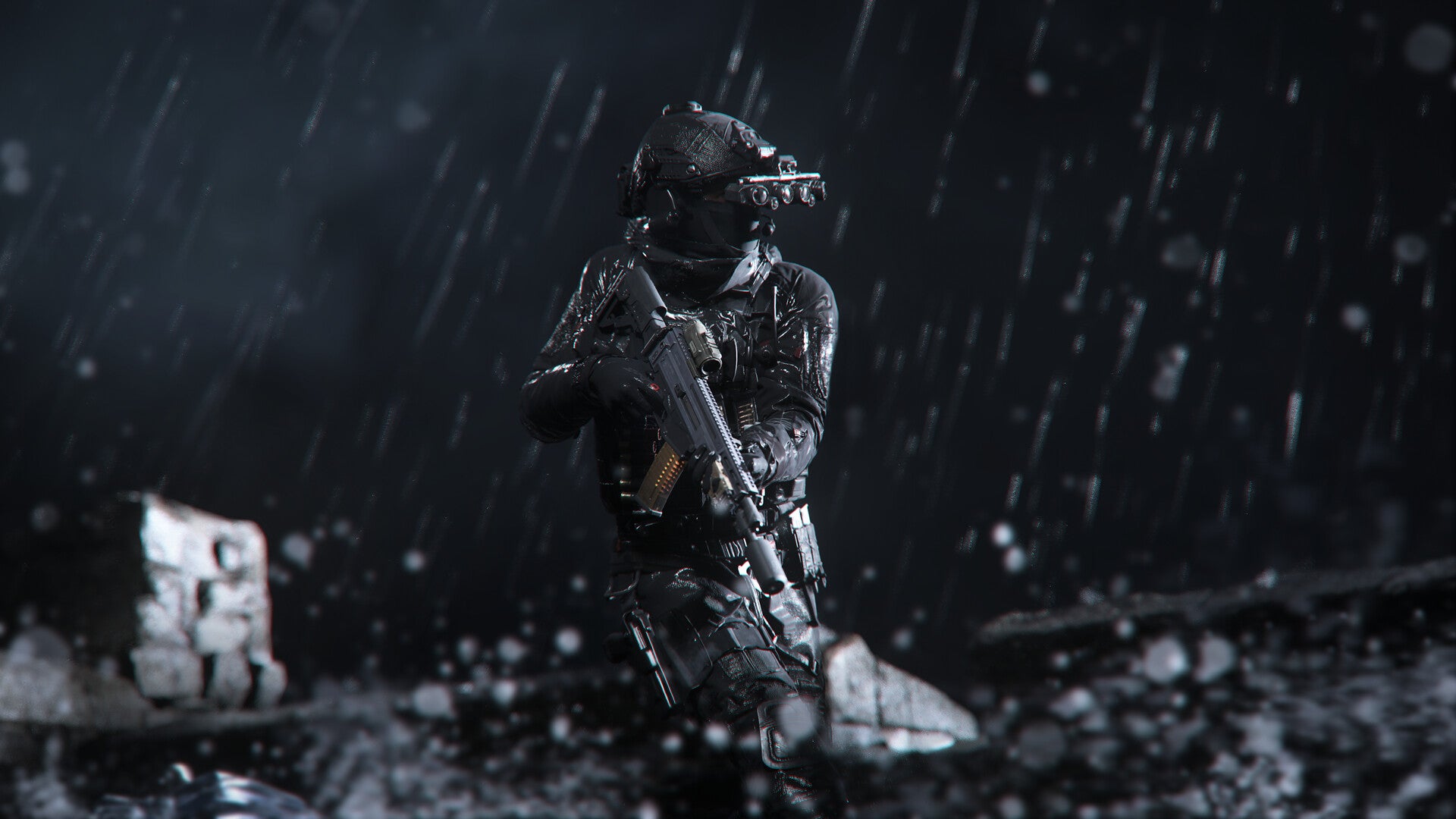 An agent is crouching while holding a gun in the rain in MW3 - 1