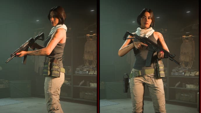 modern warfare operator valeria holding a rifle front and side shot