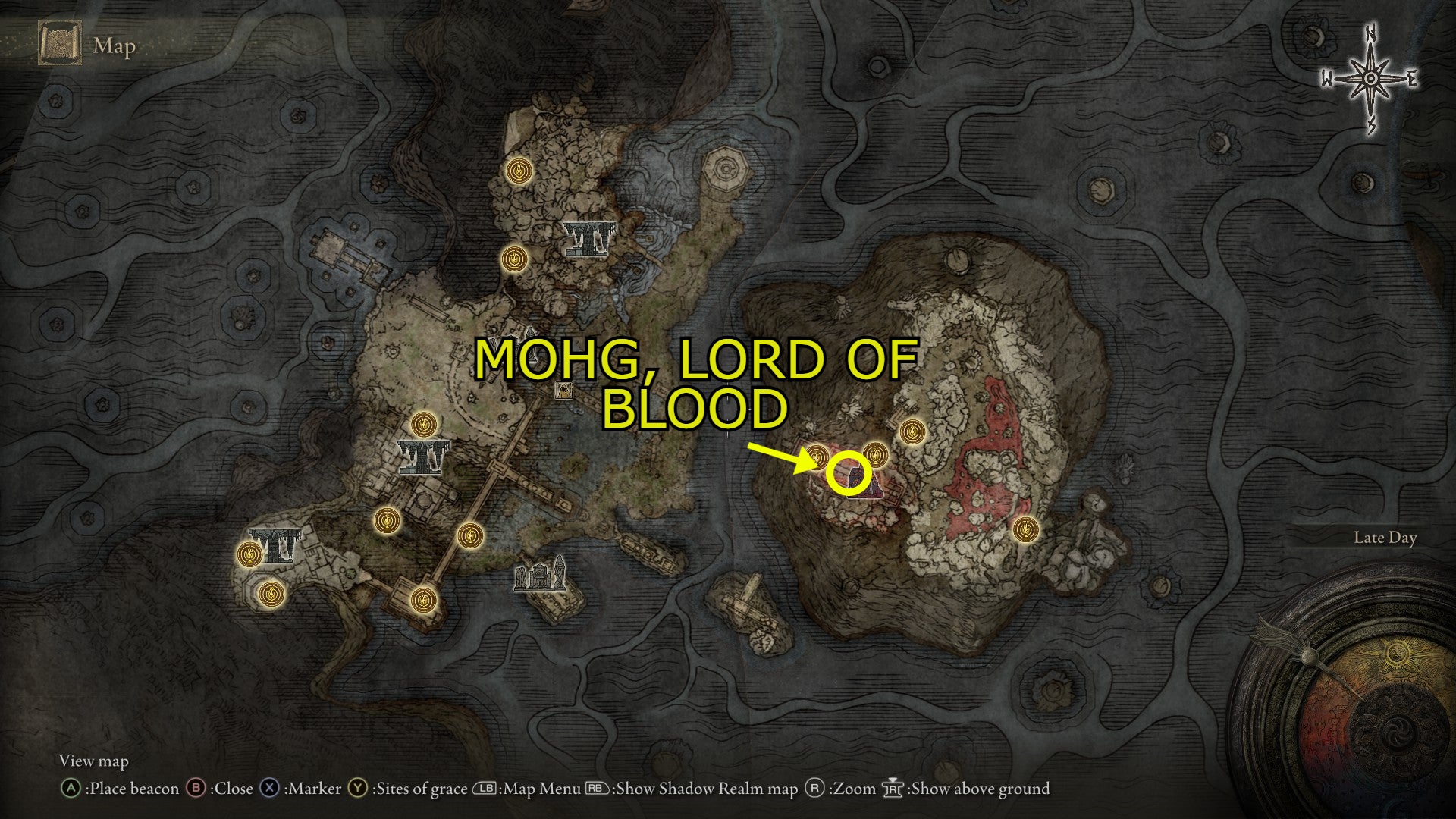 A map screenshot showing Mohg, Lord of Blood's location in Elden Ring. - 3