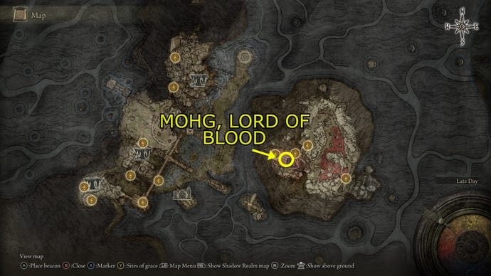 A map screenshot showing Mohg, Lord of Blood’s location in Elden Ring.