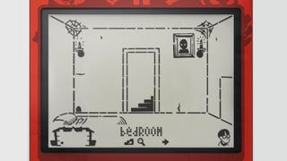 A screenshot of Moida Mansion showing a dilapidated bedroom build using simple black and white elements to resemble a Game & Watch style LCD display.