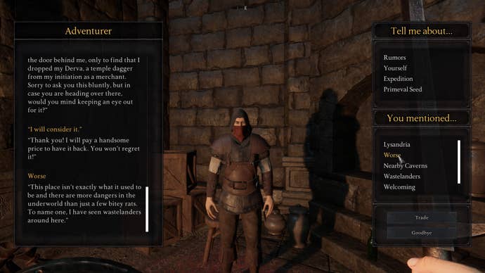 In conversation with an adventurer, with a dialogue option that just reads "Worse", in Monomyth.