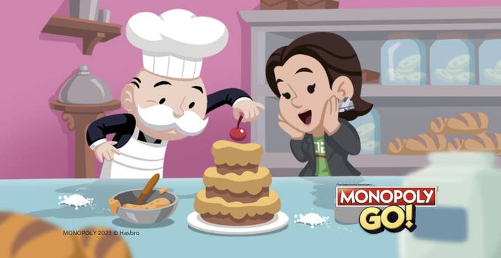Monopoly Go promotional art for the Baking Partners event showing Rich Uncle Moneybags in a kitchen putting a cherry on top of a three-tier cake as Ms. Monopoly happily looks on