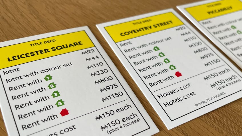 A selection of property cards in Monopoly. The cards shown are for Leicester Square, Coventry Street and Piccadilly.