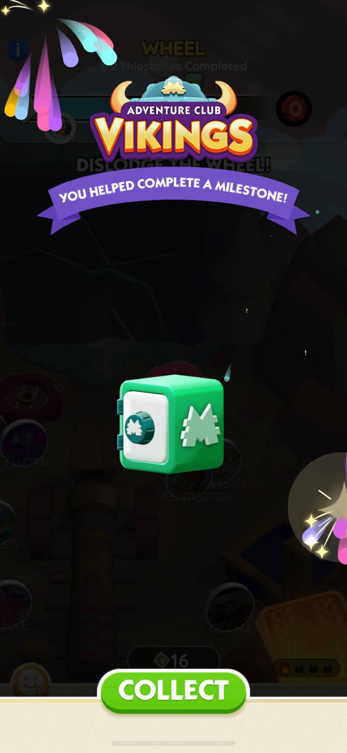 A Monopoly Go user interface showing the reward a player received for completing an objective in Adventure Club Vikings.