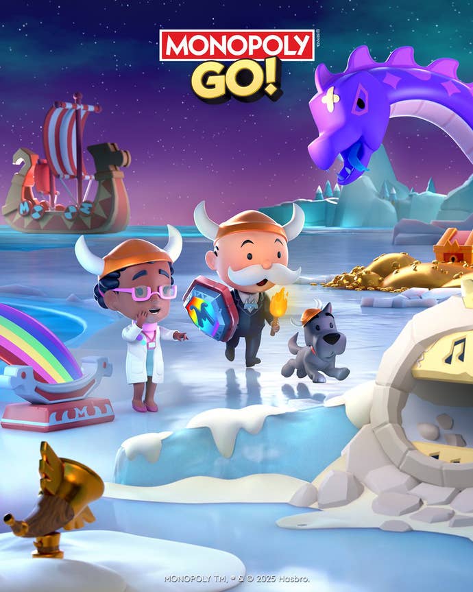 Artwork for Monopoly Go Adventure Club Vikings which launched during April 2025, showing the Monopoly mascot exploring an icy region.