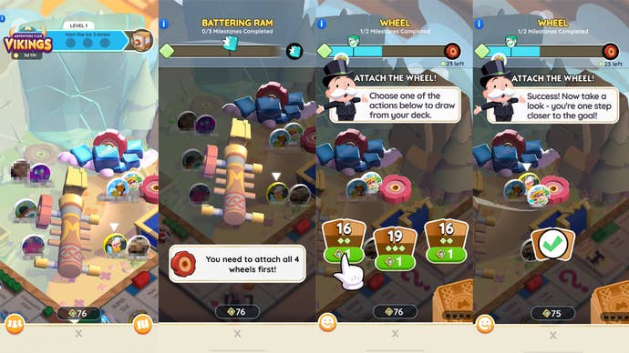 A composite picture which features the steps players need to take to complete an action in the Monopoly Go Adventure Club Vikings event.