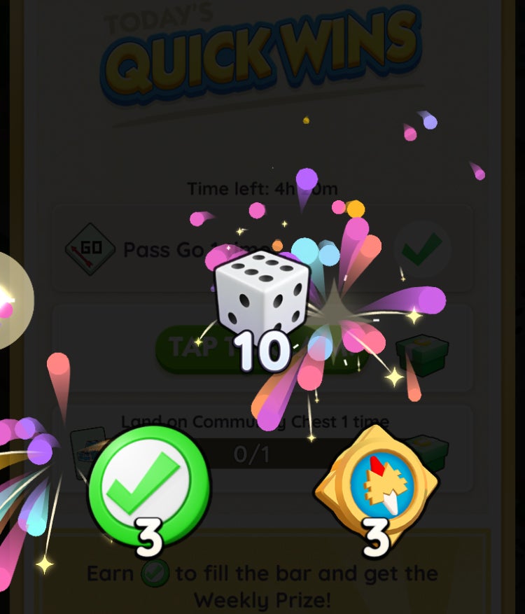 A Monopoly Go screen showing rewards players have got for claiming a Quick Win, which includes Adventure Club Vikings currency. - 4