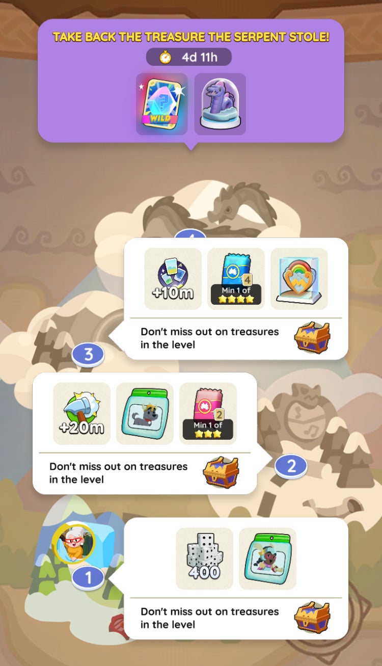 A Monopoly Go user interface showing the rewards players can earn in Adventure Club Vikings. - 7