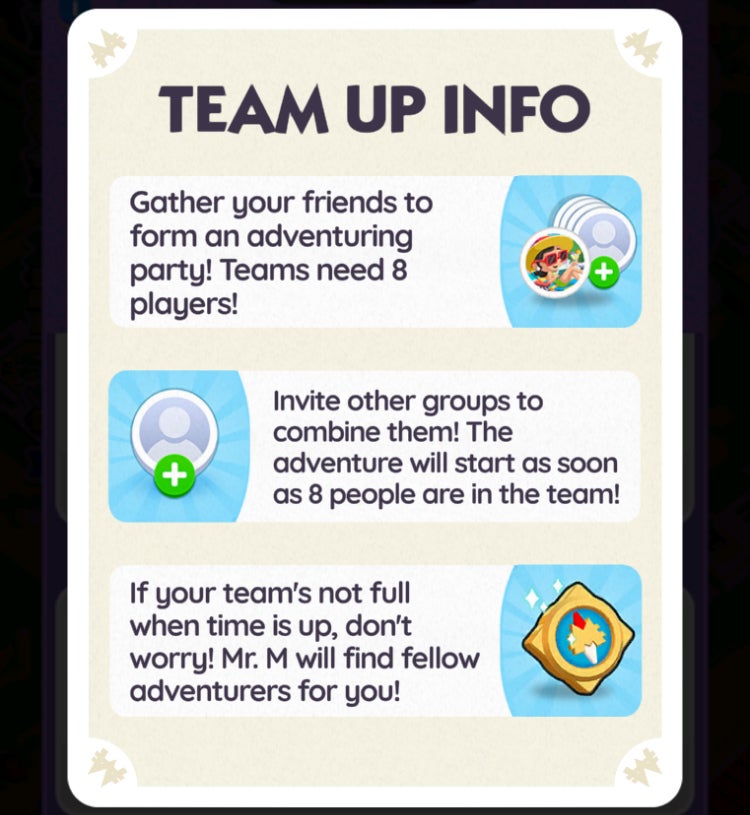 A Monopoly Go menu screen explaining how players team-up with each other in Adventure Club Vikings. - 3