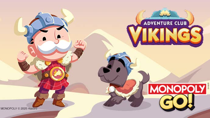 Artwork for the Monopoly Go Adventure Club Vikings event, featuring the Monopoly mascot wearing a viking outfit.