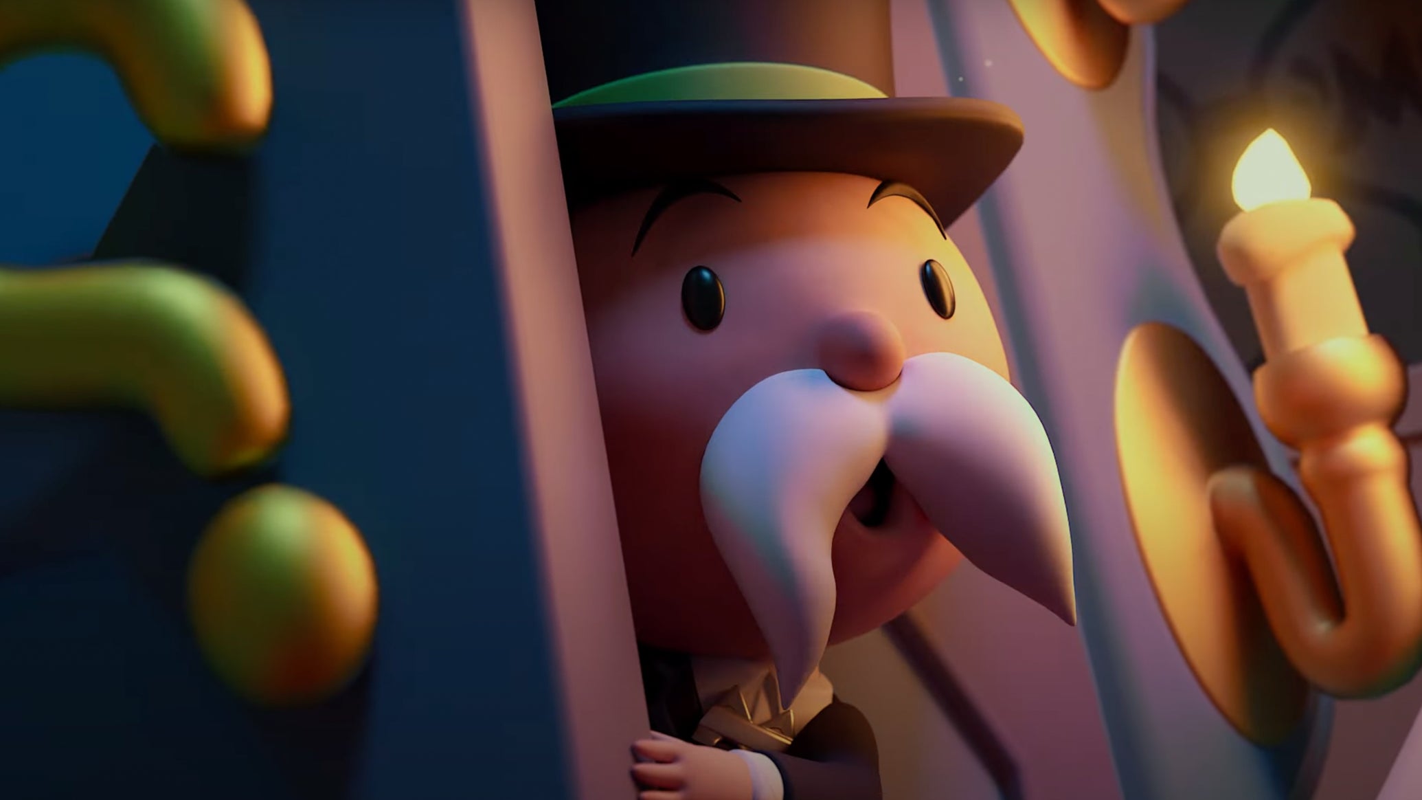 The Monopoly mascot opening a door and peeking through it, in the trailer for the first Adventure Club event. - 1