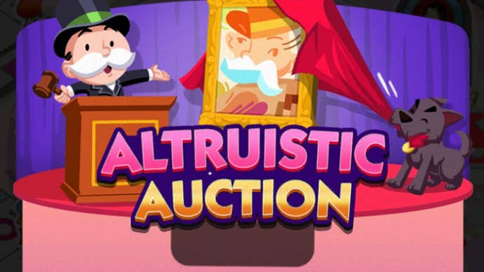Artwork for the Monopoly Go Altruistic Auction event showing the Monopoly mascot holding an auction.