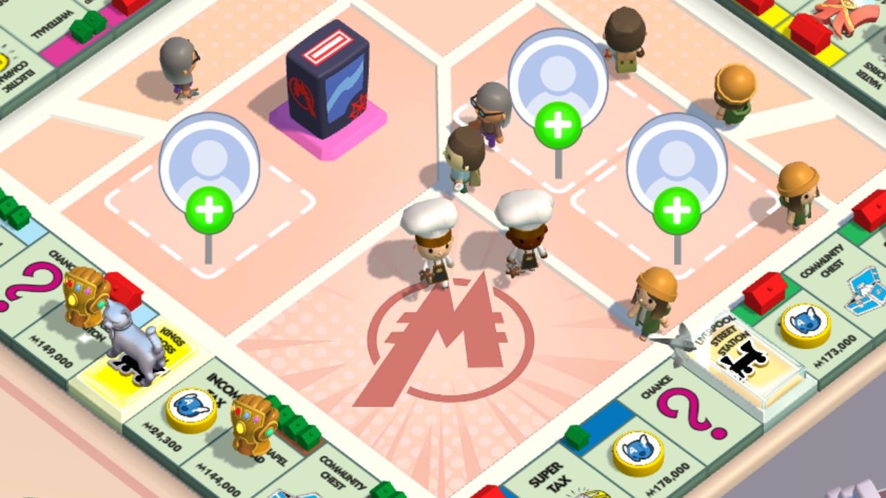 Characters wearing chef hats walking around the Monopoly Go board during the Amazing Partners event. - 1