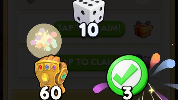A daily rewards screen in Monopoly Go showing 10 dice, 60 Thanos Gauntlets and 3 Green Ticks.