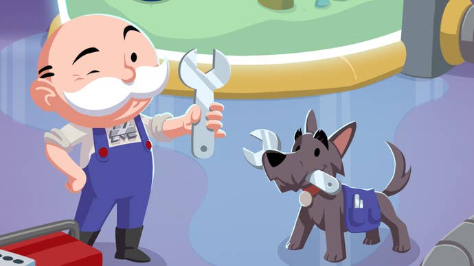 Monopoly Go artwork for the Aqua Partners event that launched in April 2025. It shows the Monopoly mascot in overalls and holding a wrench.