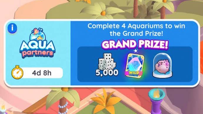 A Monopoly Go menu screen showing the Grand Prize players can claim the Aqua Partners event that launched in April 2025.
