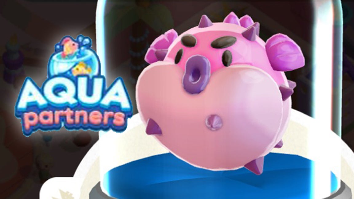 The logo for the Monopoly Go Aqua Partners event, and a balloon fish-shaped token players can earn as a reward. - 1